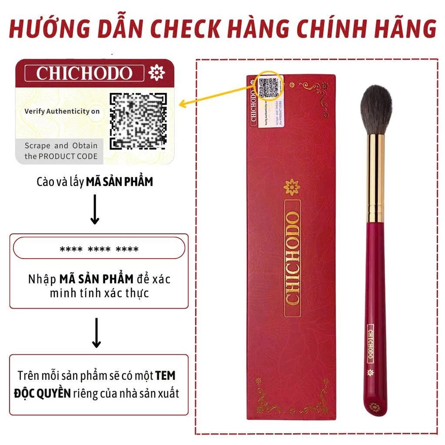Cọ Đánh Highlight, Setting và Má Hồng Chichodo Tapered Highlighting C108 – Cán Đỏ, Lông Tự Nhiên