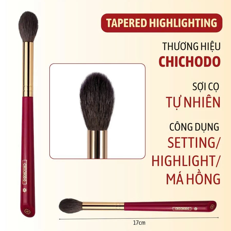 Cọ Đánh Highlight, Setting và Má Hồng Chichodo Tapered Highlighting C108 – Cán Đỏ, Lông Tự Nhiên