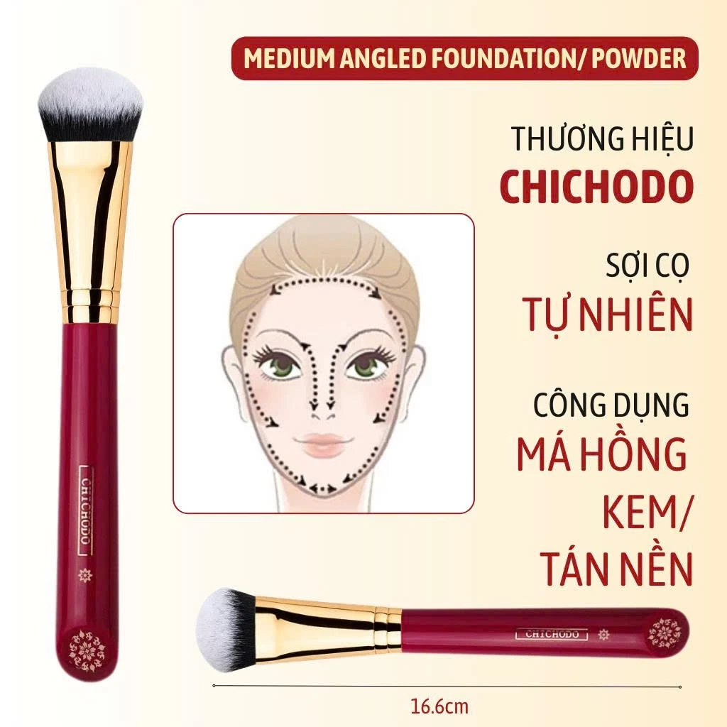Cọ Tán Nền Tán Má Hồng Kem Dễ Xài CHICHODO Medium Angled Foundation/ Powder C135