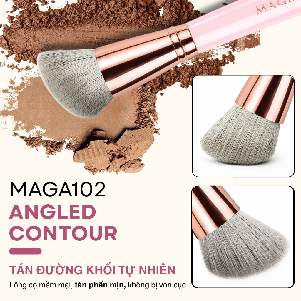 Cọ trang điểm tán phấn má hoặc tạo khối MAGA Angled Contour MAGA102 màu hồng chất cọ mềm mịn không đau rát khi dùng