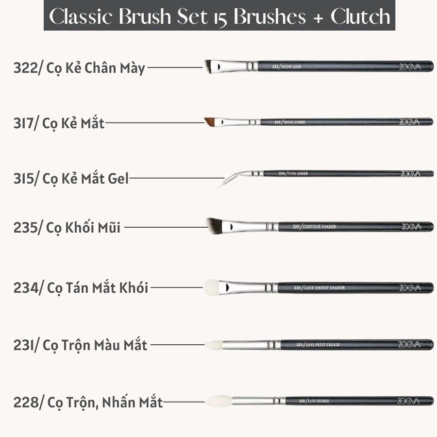 Bộ Cọ Trang Điểm Chuyên Nghiệp Cao Cấp 15 Cây ZOEVA Classic Brush15 0126