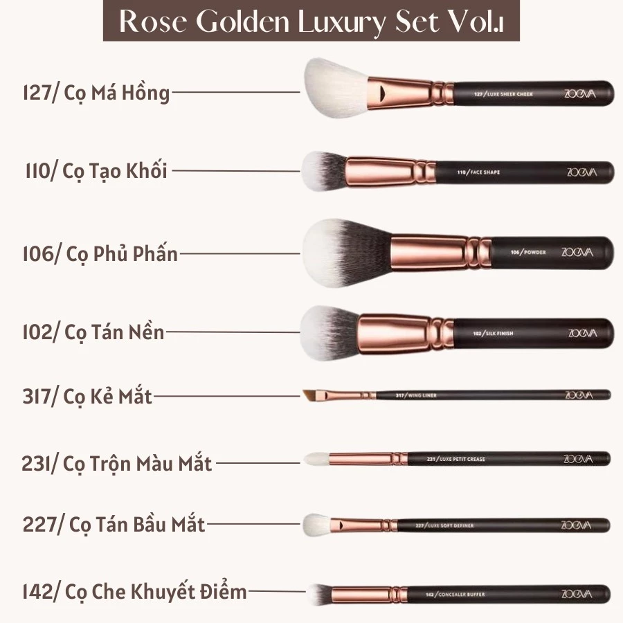 Bộ Cọ Trang Điểm Cá Nhân Cao Cấp 8 Cây ZOEVA Rose Golden Luxury 8 Vol.1 0157